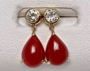 * new goods * beautiful * natural red .. coral coral diamond earrings 0.46ct/K18 coral Pierce*