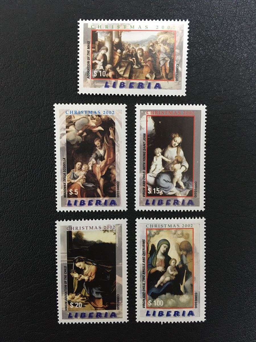 Liberia 2002 Weihnachten Madonna mit Kind Gemälde Kunst 5 Typen komplett unbenutzt NH, Antiquität, Sammlung, Briefmarke, Postkarte, Afrika