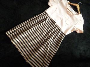 JILL STUART/ Jill Stuart ^. pink beige × black border skirt do King One-piece FR/ short sleeves knees height ^OP122