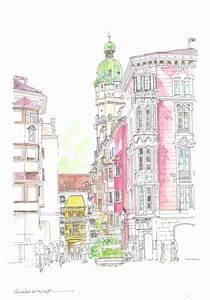 Art hand Auction European cityscape, golden roofs of Innsbruck, Austria, F4 drawing paper, original watercolor painting, painting, watercolor, Nature, Landscape painting