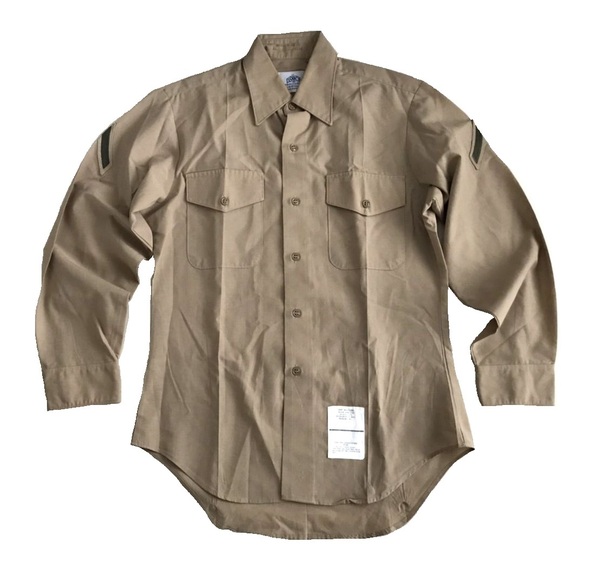 【1815】実物 アメリカ製 USMC アメリカ海兵隊 カーキシャツ USサイズ15 1/2 ランクパッチ2枚付き