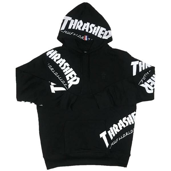 HUF(ハフ） THRASHER TDS ALLOVER HOOD ハフ×スラッシャープルオーバーパーカー(ブラック）（L）[並行輸入品]