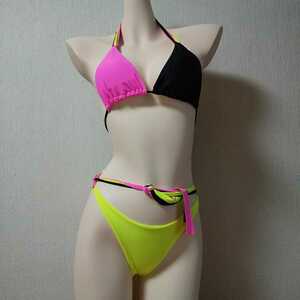  swimsuit T-back US-S size absolute size M rio back high leg triangle swimsuit bai color fringe manner neon color pink 