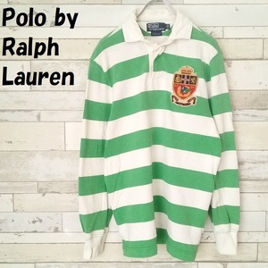 【人気】Polo by Ralph Lauren/ポロ ラルフローレン エンブレムロゴ ラガーシャツ ボーダー柄 CUSTOM FIT ホワイト×グリーン サイズS/9463