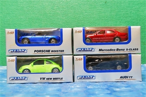  old minicar WELLY 1/60 4 pcs. set Audi TT* Benz S Class * Porsche Boxster * Volkswagen New Beetle unused abroad made 