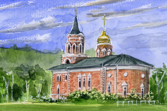 N° 6637 Cathédrale Dmitri Gonskom (Russie, Primorye) / Peint par Chihiro Tanaka (aquarelle quatre saisons) / Livré avec un cadeau, peinture, aquarelle, Nature, Peinture de paysage