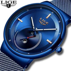 2019新オリジナルデザインブルークォーツ時計ligeメンズ腕時計トップブランドの高級時計男性シンプルなすべてスチール防水腕時計時計