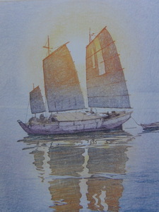 吉田 博、【帆船　朝日】、希少画集画、状態良好、旅情、風景、新品額 額装付、送料無料