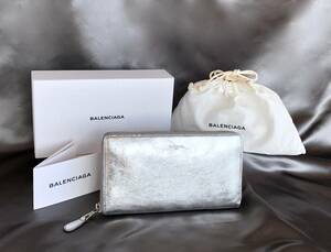 新品★訳あり BALENCIAGA バレンシアガ 長財布 シルバー ラウンドファスナー ロゴ刻印 しわ加工レザー ヴィンテージ調 袋 箱 小銭入 P539