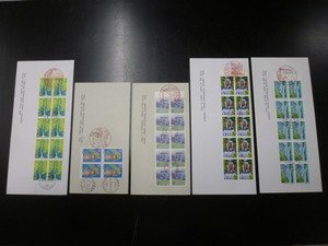 21EA　P　日本切手 FDC　ふるさと　1992-93年　地145-156の内　ペーン・田型貼　計5通