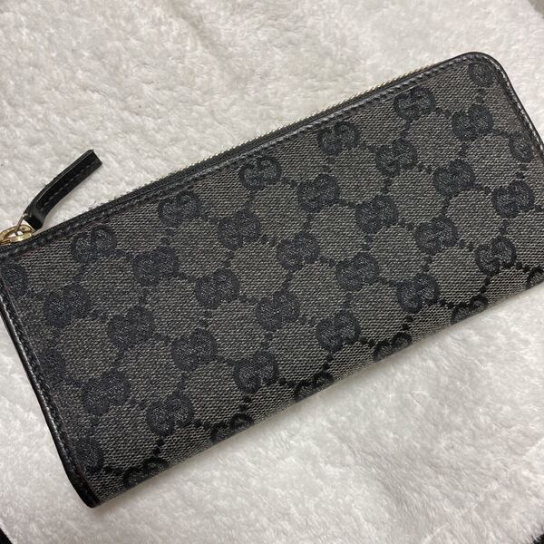 【美品】GUCCI グッチ 長財布 デニム 美品 ブラック チャコールグレー ラウンドファスナー長財布