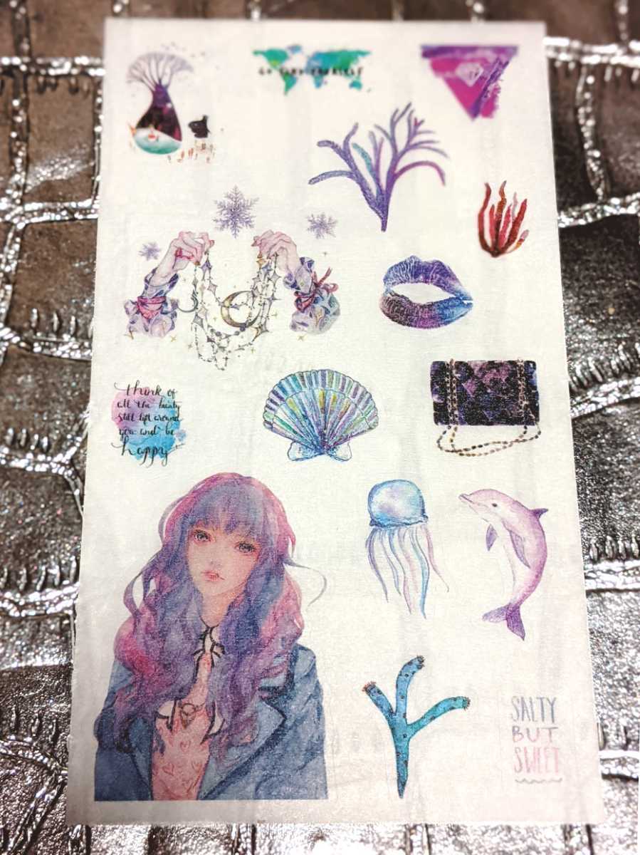 Free shipping cute fancy sticker handwritten illustration girl fairy tale dolphin sea jellyfish magic shell blue purple watercolor fashionable cute, comics, anime goods, hand drawn illustration