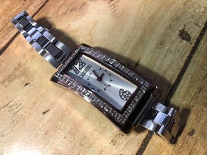 AK1028 良品程度 良デザイン レア ABISTE アビステ シルバー×ゴールド ストーンデザイン 純正SSブレス クオーツ レディース 腕時計