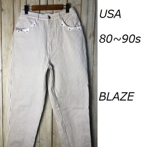 USA古着 80s～90s ストライプデザインパンツ ヒッコリー 11/30 BLAZE オールド ヴィンテージ ユニセックス ワイドテーパード ●1