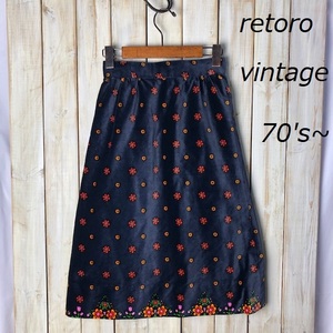  retro old clothes 70s~80s small floral print bell bed skirt velour Old Vintage Showa Retro navy navy blue *94