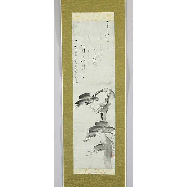 B-811 [Authentique] Peint par Mori Shuho, inscription d'un auteur inconnu, livre en papier peint à la main, Vieux pin, parchemin suspendu/Peintre, Ōsaka, Le frère de Sosen, Hokyo, calligraphie et peinture, Peinture, Peinture japonaise, Paysage, Vent et lune