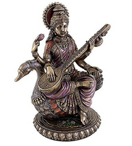 スワンに座る 音楽と知識のヒンズー教の女神 弁才天（弁財天）サラスヴァティー（サラスバティー）彫像 彫刻/ 七福神 福徳神・財宝神_画像1