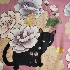黒猫とボタン(ピンク) 生地 ハギレ