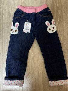 極美品 ミキハウス 110 編みうさこワッペン付き 裏地付きパンツ インディゴ mikihouse