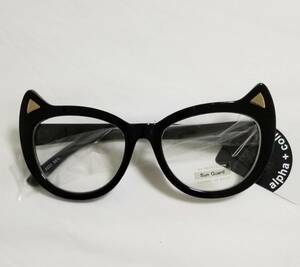 黒セル透明レンズ 伊達メガネ 可愛い金の猫耳サングラス9221 
