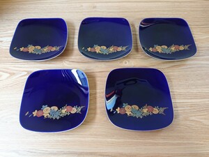 香蘭社 瑠璃 ルリ 菊 四角小皿 5枚セット ヴィンテージ ほぼ未使用 極美品