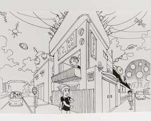 Art hand Auction Original illustration★Hand-drawn illustration★SF town★Handmade picture original picture art interior self-made analog monochrome black and white UFO town city, comics, anime goods, hand drawn illustration