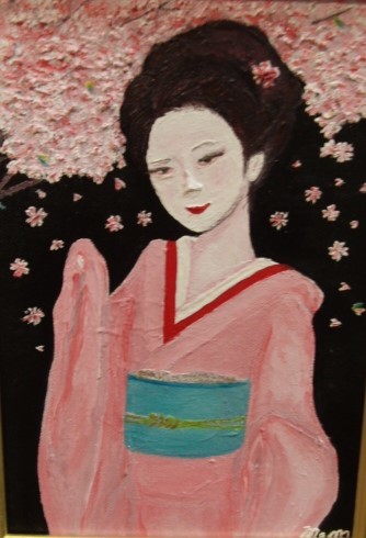 Nationale Kunstvereinigung, Sato Memi, Frau unter den Kirschblüten, Ölgemälde, SM-Nummer: 22, 7cm×15, 8 cm, Einzigartiges Ölgemälde, Neues hochwertiges Ölgemälde mit Rahmen, Signiert und garantiert authentisch, Malerei, Ölgemälde, Porträts