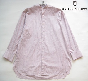 美品!!ユナイテッドアローズ UNITED ARROWS*ストライプ柄バンドカラーシャツ 実寸M～L モーブピンク系