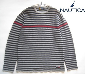 高級!!ノーティカ NAUTICA*ロゴタグ付きボーダー柄コットンウールニットセーター M グレー×黒×赤