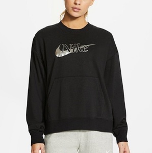  Nike XL женский Icon авария флис Crew SWOOSH черный серебряный обратная сторона ворсистый тренировочный футболка 