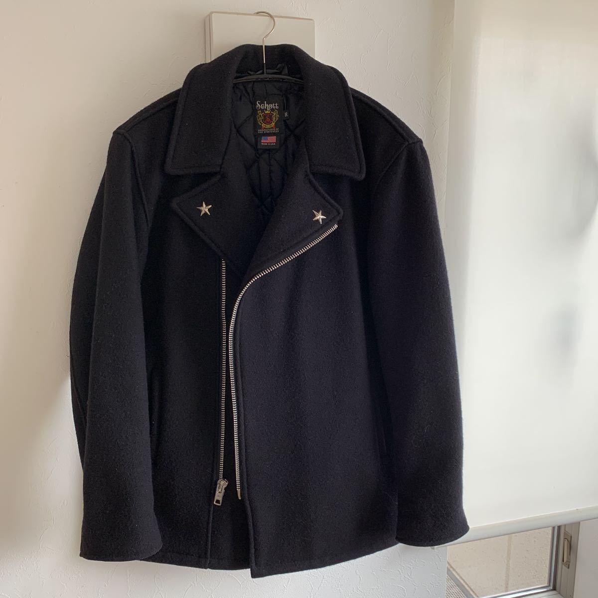 schott ライダース ウール Pコート ジャケット 黒 レザー ジップ schott ライダース ウール Pコート ジャケット 黒 レザー ジップ