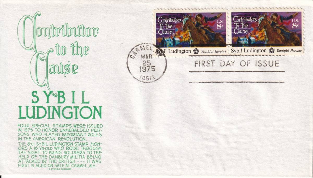 [FDC] Pintura de personas: Sybil Ludington (1) (1975) (EE. UU.) t1942, antiguo, recopilación, estampilla, tarjeta postal, América del norte