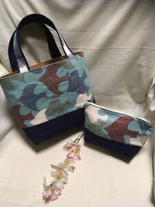 ランチバッグ(トートバッグ)・ポーチのセット(バード)・マイボトルを持って ハンドメイド ミニトートバッグ