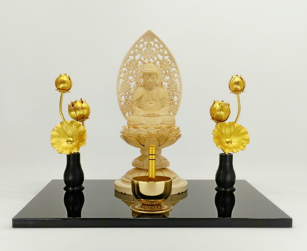 ステージ仏壇【安らぎ】Aセレクション 黒 仏像(丸台座 座釈迦)、華鋲付ミニ常花、豆りん付き