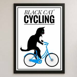 BLACK CAT サイクリング 黒猫 イラスト 光沢 ポスター A3 バー カフェ クラシック レトロ インテリア ペット かわいい おしゃれ 自転車