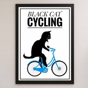 BLACK CAT cycling black cat illustration lustre poster A3 bar Cafe Classic retro interior pet lovely stylish bicycle 