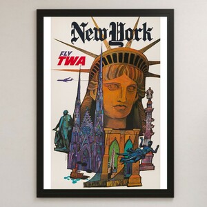 NEW YORK ニューヨーク 観光 ビンテージイラスト 光沢 ポスター A3 バー カフェ レトロ インテリアトラベル 旅行 広告 自由の女神 アメリカ