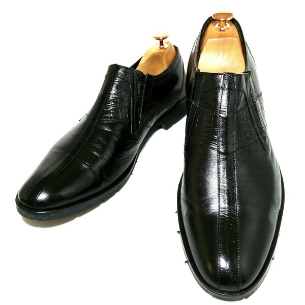 C157【FUTABAYA】フタバヤ　イタリア製　スリッポン　黒　ブラック　40.5　25.0~25.5cm　クロコ型押し　革靴　本革　メンズ　紳士靴　靴