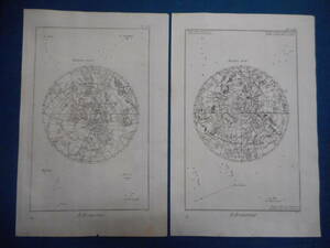 即決アンティーク天球図、天文、天体、星座早見盤、銅版画、星図、星座図絵1770年頃『両半球星図』Star map, Planisphere, Celestial atlas