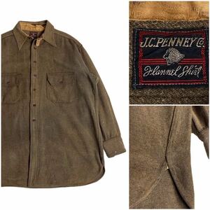 1930's J.C.Penney ジェイシーペニー ヴィンテージ ウール フランネル シャツ XL チンスト マチ付き コバート ブラウン ジャケット 1920