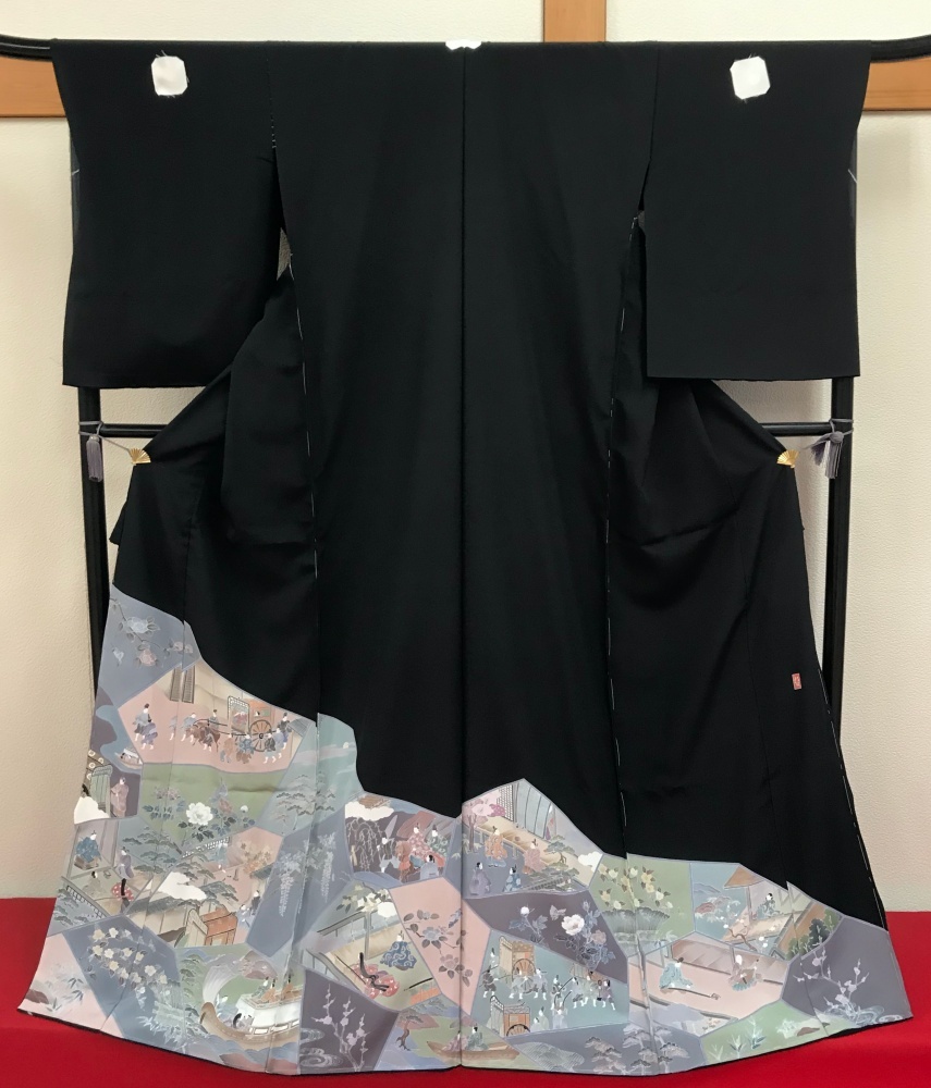 [Kinuto] Free shipping, black formal kimono with hidden placket, 18-8, Kashiwadaya, vegetable dyeing, hand-painted yuzen, Genji picture scroll, signature, Hama crepe, protective coating, tailoring after successful bid, video available, fashion, Women's kimono, kimono, Tomesode