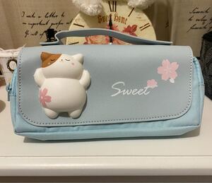 週末SALE ペンケース ポーチ 筆箱 化粧メイクポーチ ブルー1点 猫 癒し