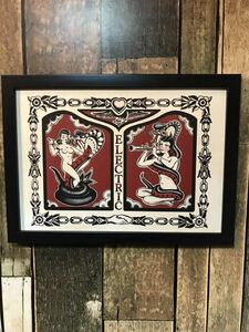 Art hand Auction 纹身插图蛇女孩 A4 尺寸黑色裱框艺术画框, 手工制品, 内部的, 杂货, 控制板, 挂毯
