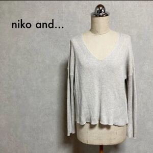 niko and... ニコアンド Vネック リブ ニット セータ 薄手 春 ライトグレー 無地 シンプル レディース L