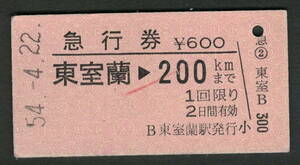 A型急行券 東室蘭から200kmまで 昭和50年代（払戻券）2