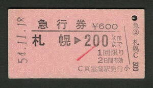 A型急行券 東室蘭駅発行 札幌から200kmまで 昭和50年代（払戻券）