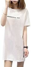 送料込 新品 Tシャツ レディース カットソー ロング丈 春 半袖 ロゴ プリント ミニ ワンピース 英字 ホワイト M_画像1