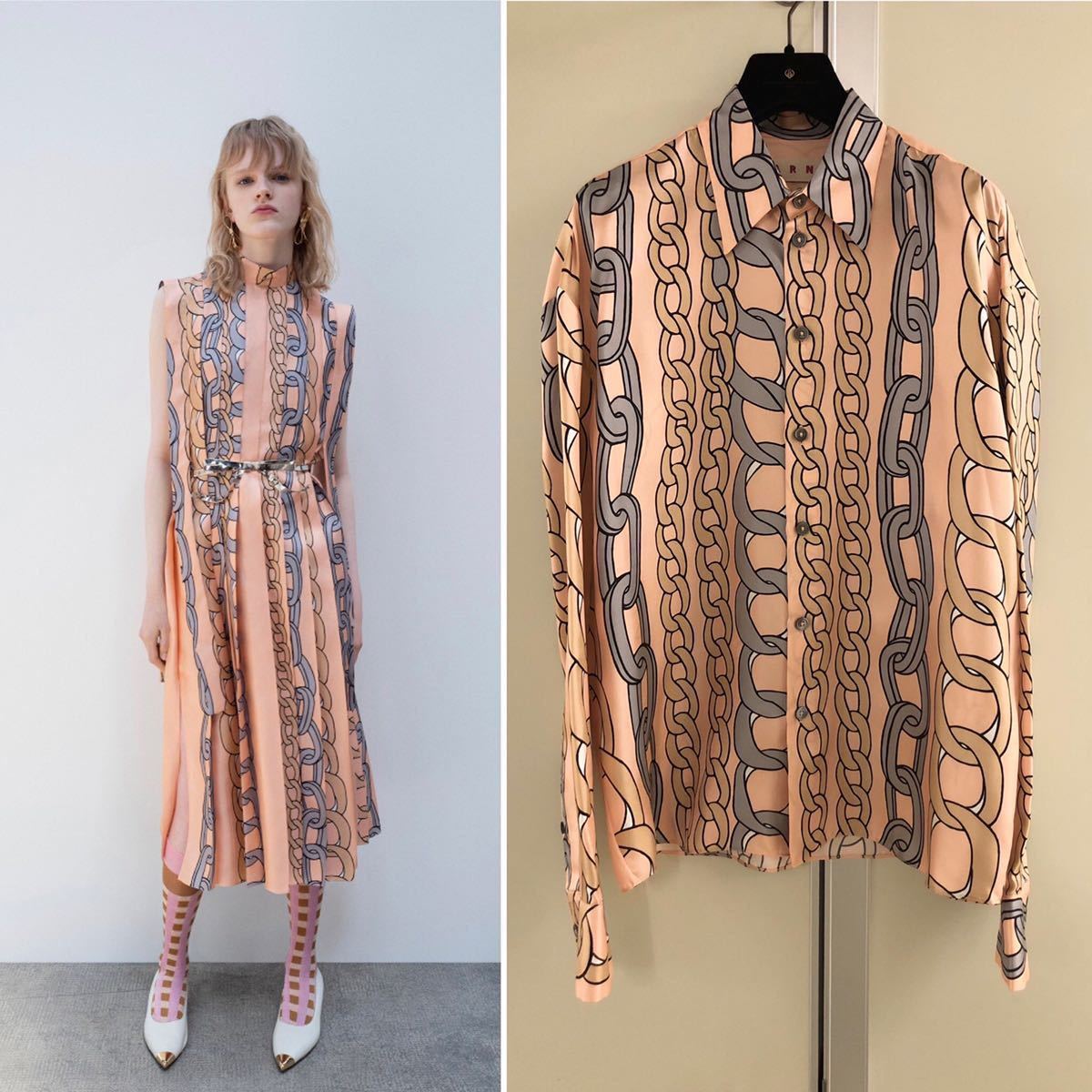 人気特価激安 SILK100% サーモンPINK チェーン総柄プリント シャツ