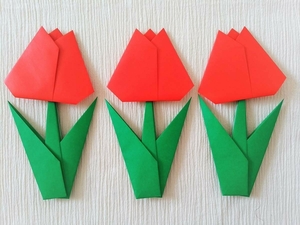 折り紙　春 入学 祝 『 チューリップ 赤 3個 』⑤ 花 壁面飾り 壁飾り ハンドメイド