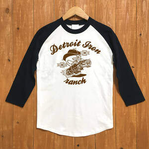 ■RANCH ベースボールTシャツ■Mサイズ（ネイビー袖xブラウン）DODGE MOPAR ダッジ　モパ－　ダッジラム